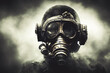man wearing gas mask in apocalyptic scene