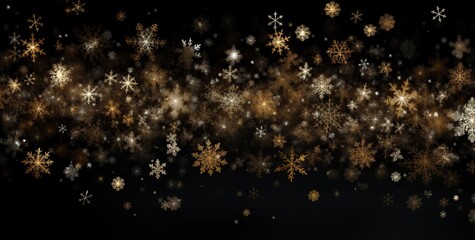 Wall Mural - gold and white snowflakes on a black background in defocus. abstract bokeh backdrop. new year and ch