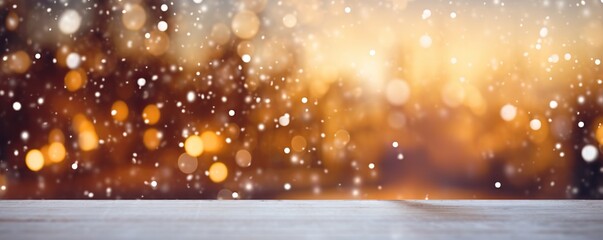 A wooden table on a yellow background of lights and snowfall in defocus. Abstract bokeh backdrop. New year and Christmas background footage.