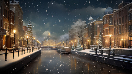 Wall Mural - realistic photo of the nighttime view of Canal in the snow