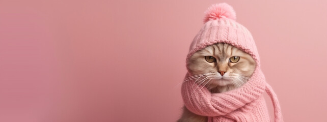 Wall Mural - Portrait of a cute cat in warm knitted clothes on a pink background