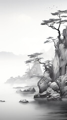 Wall Mural - ai black and white landscape art painting
