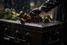 Closeup Of A Funeral Casket At A Cemetery With Flowers In The Rain,hand On The Grave In The Rain With Dark Background And Rose