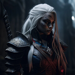 A Dark-Skinned Elf with White Hair Wearing Elaborate Armor