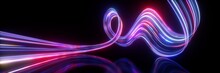 3d Render. Abstract Neon Background. Fluorescent Ines Glowing In The Dark Room With Floor Reflection. Virtual Dynamic Curvy Ribbon. Fantastic Panoramic Wallpaper. Digital Data Transfer. Energy Concept