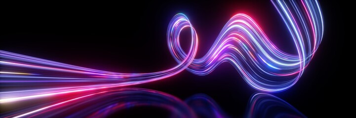 Wall Mural - 3d render. Abstract neon background. Fluorescent ines glowing in the dark room with floor reflection. Virtual dynamic curvy ribbon. Fantastic panoramic wallpaper. Digital data transfer. Energy concept
