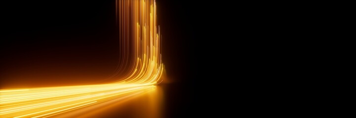 Wall Mural - 3d rendering, abstract neon background. Modern wallpaper with glowing gold vertical lines