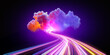 3d render. Abstract background of neon cloud and glowing lines. Fantastic ultraviolet wallpaper