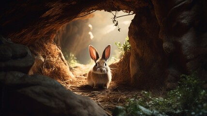 Rabbit sitting cave still royalty animal picture Ai generated art