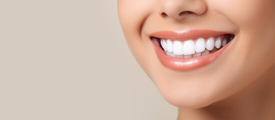 Long banner with close up of mouth of woman smiling. White healthy teeth. Orthodontics dental treatment straightening concept. Neutral background with copy space