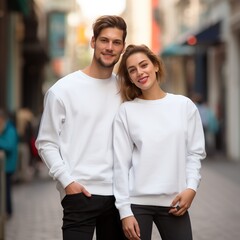 Illustration of a couple fashion portrait with plain sweater mockup, AI. generative