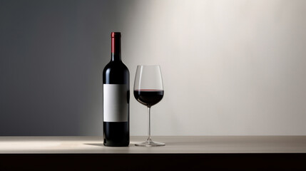 Wall Mural - Red wine bottle with a glass on a simple gray empty background