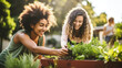 Gen Z friends volunteering together at a community garden, tending to plants and enjoying the outdoors, Gen Z friends, with copy space