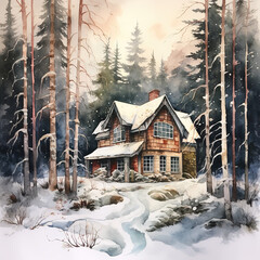 Poster - House in Forest Winter, Watercolor