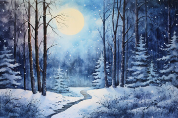 Wall Mural - Watercolor illustration of a winter forest at night