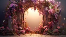 A doorway with flowers and butterflies surrounding it