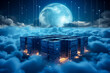 Moon, clouds and data storage devices with technology hologram. Symbolizing cloud computing, transferring big data, complex information exchange.  IOT, internet of things, concept. AI generative.