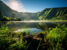 Dormant Volcano Cradling A Serene, Crystal - Clear Lake In Its Crater, Surrounded By Lush Greenery