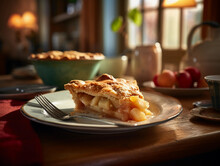 Warm Apple Pie, A La Mode, Slice Taken Out Revealing Interior, Set On Vintage Kitchen Table, Nostalgic Ambiance