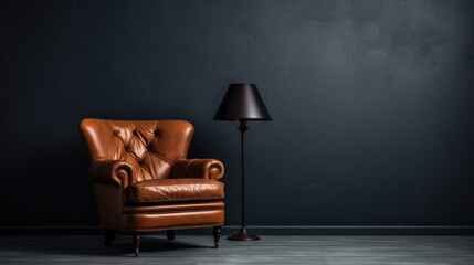 Wall Mural - Classic interior with a leather brown armchair against a dark wall