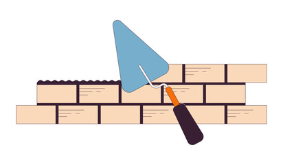 Poster - Bricks laying with trowel 2D linear cartoon object. Brick wall build. Brickwork construction isolated line vector item white background. Reconstruction. Homebuilding site color flat spot illustration