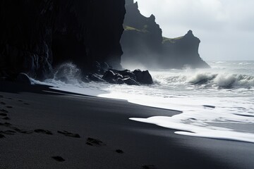 Wall Mural - Black sand beach on Reynisfjara volcanic island, Iceland, Silhouettes of tourists enjoying the black sand beach and ocean waves, AI Generated