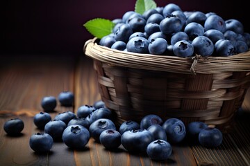 Poster - Blueberries in a wicker basket on a dark wooden backgroundm, Blueberries in the basket on top of a vintage wooden table, AI Generated