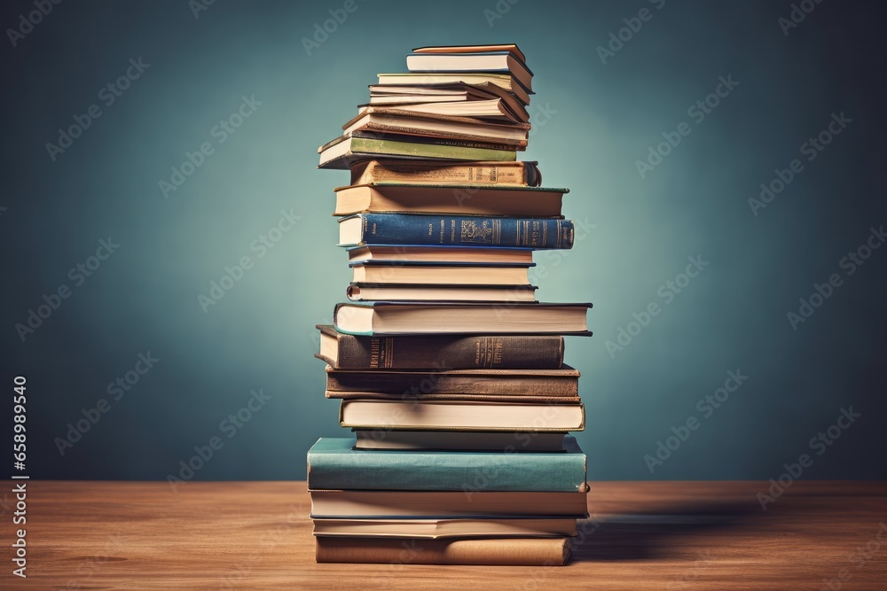 Stack of books on wooden table and blue background. Education concept ...
