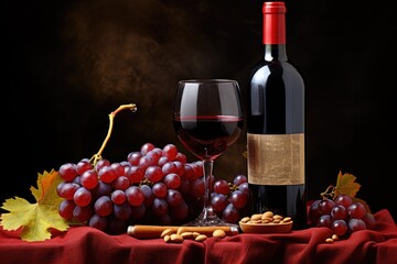 Poster - Bottle and glass of red wine with grapes and nuts on dark background, bottle with red wine and glass and grapes, AI Generated