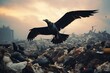 Aerial view: crows flying above massive garbage pile, scavenging for food. Generative AI