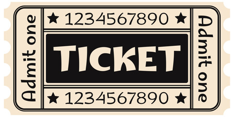 Aufkleber - Ticket. Print for cinemas, clubs, mass events. Flat style of ticket. Admit one.