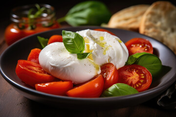 Wall Mural - Burrata cheese with tomatoes, olive oil and fresh basil on dark wooden background. Traditional Italian food.