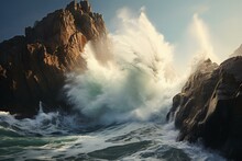 Rough Ocean Waves Crashing Against Rocky Cliffs. Generative AI