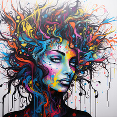 Wall Mural - lady woman graffiti grunge street art colorful - by generative ai