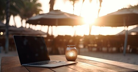 Aufkleber - streamlined workspace. modern laptop on wooden table. digital productivity on empty cafe desk. onlin