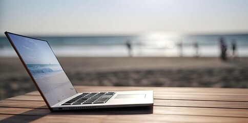 Canvas Print - Streamlined workspace. Modern laptop on wooden table. Digital productivity on empty cafe desk. Online work environment