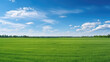 Leinwandbild Motiv Beautiful natural scenic panorama green field of cut grass into and blue sky with clouds on horizon.