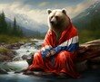 brown bear in a coat in Russian flag colors: red, white, and blue sitting on the rocky coast of the beautiful mountain stream
