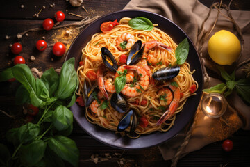 Fresh Spaghetti pasta with seafood on the plate close up, top view