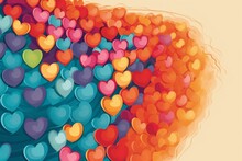 Illustration Of A Heart Cascade With Diverse Colorful Hearts. Generative AI