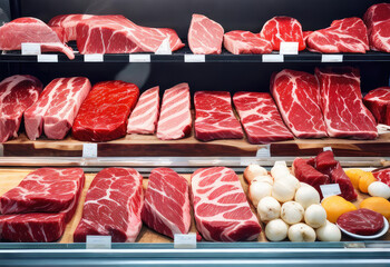 A supermarket meat counter displays a variety of prime meat steaks, including angus, T-bone, ribeye, striploin, and tomahawk, as well as various fresh raw red meat cuts.