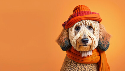 Wall Mural - Cute dog wearing a hat on an Orange Background 