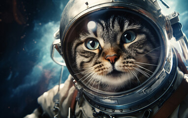 Wall Mural - Cat astronaut in a spacesuit in outer space, travel in the universe concept