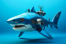 Robot Shark Exploring Underwater Depths Isolated On A Blue Gradient Background 
