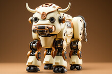 Robotic Cow Models Assisting In Agriculture Isolated On A Brown Gradient Background 