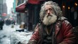 Homeless long bearded man as a Santa Claus sits on snowy street in New York City, social illustration of poverty in big city or in NYC