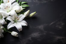 Beautiful White Lily Flowers On Black Background With Copy Space.Funeral Concept