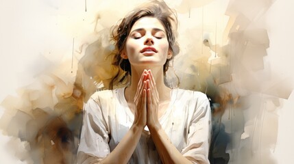 Watercolor artwork of a woman praying