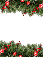 christmas background with fir branches and balls on white