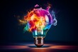 Colorful explosion paint splashes from light bulb. Creative concept, unique ideas, different thinking, creation. Generative AI